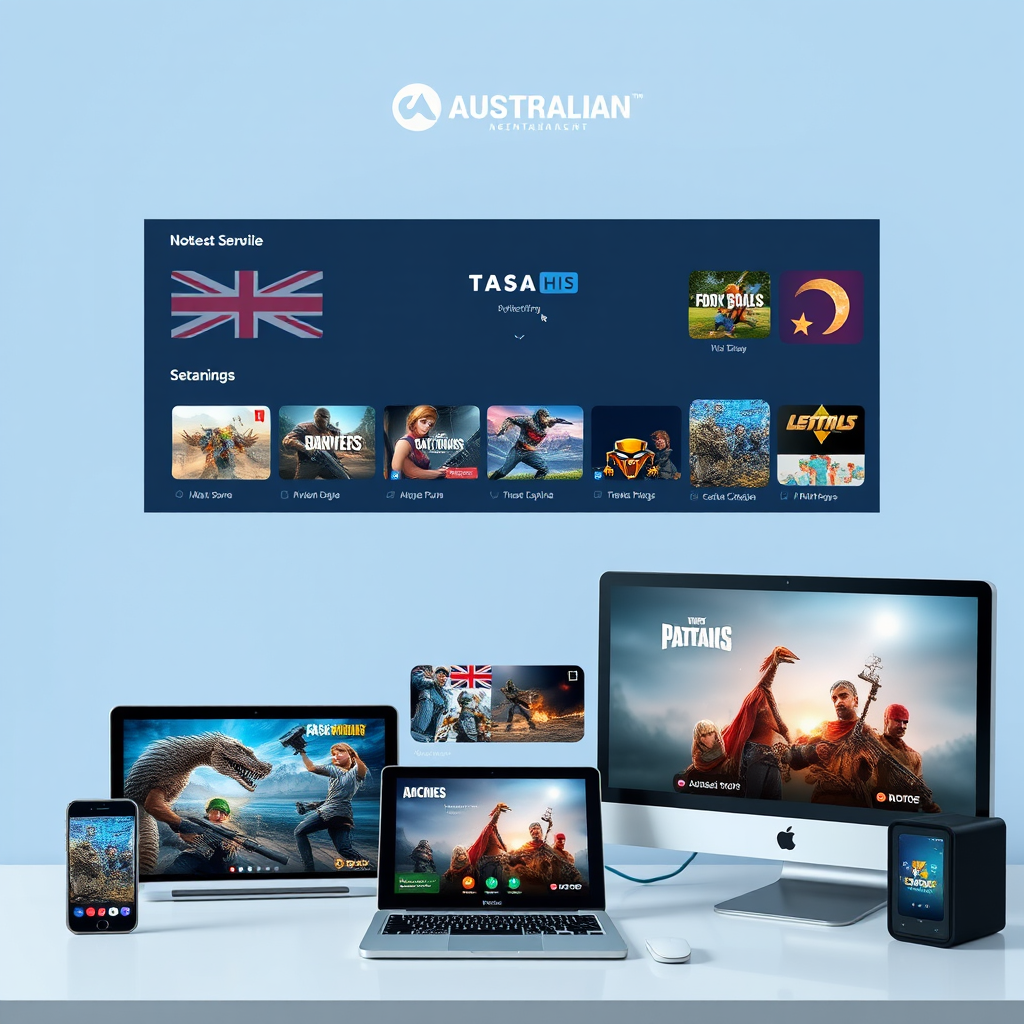 Modern Australian entertainment platform showing various gaming and streaming options on multiple devices including mobile phones, tablets and computers