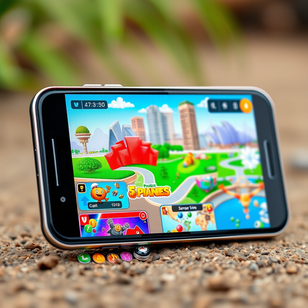 Modern smartphone displaying colorful mobile gaming interface with Australian landmarks in background, showing popular game genres like puzzle, action, and strategy games with vibrant graphics and engaging UI elements